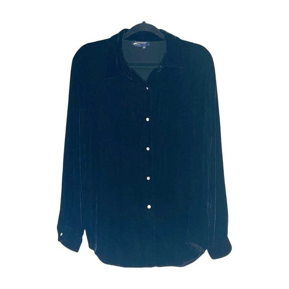 Boston Proper Silk Blend Velvet Blouse Black Button Up L/S Medium